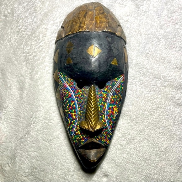 Handmade Other - Unique Ashanti Beaded Wood Mask Wall Decor Hand Carved & Authentic
